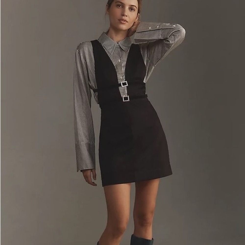 Maeve Anthropologie Black Rhinestone Buckle Pinafore Mini Dress Mens Size 12 NEW